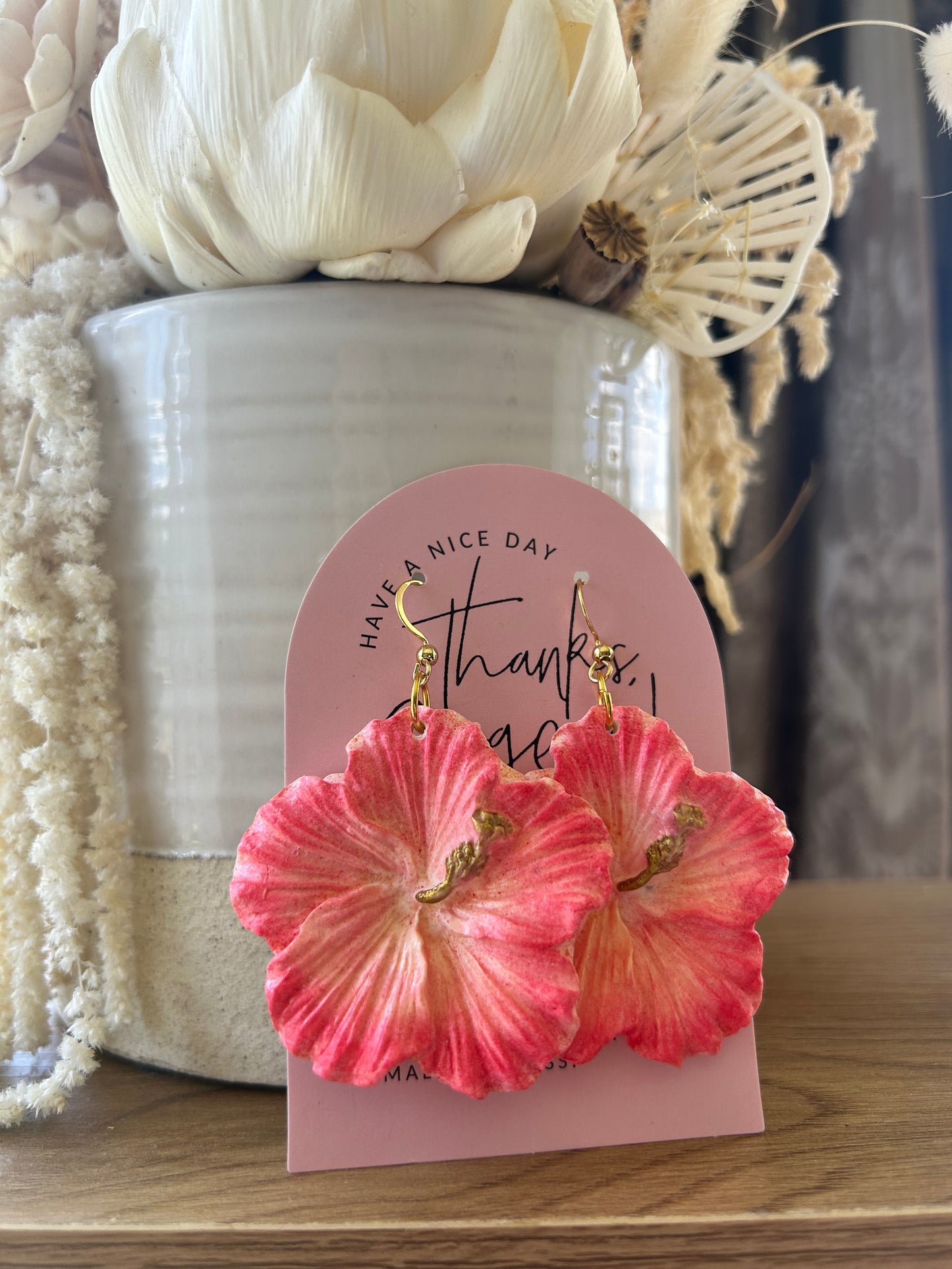 Clay hibiscus earrings (light pink tones)