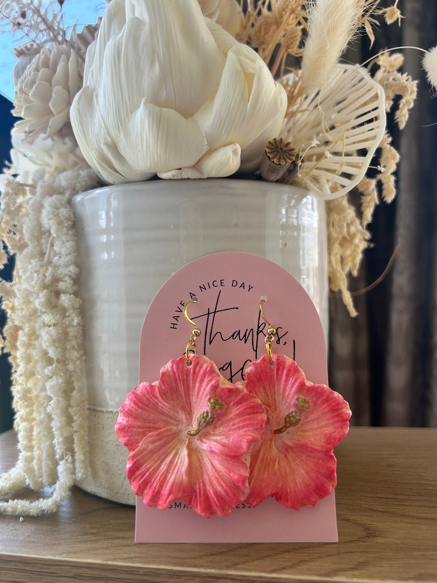 Clay hibiscus earrings (light pink tones)
