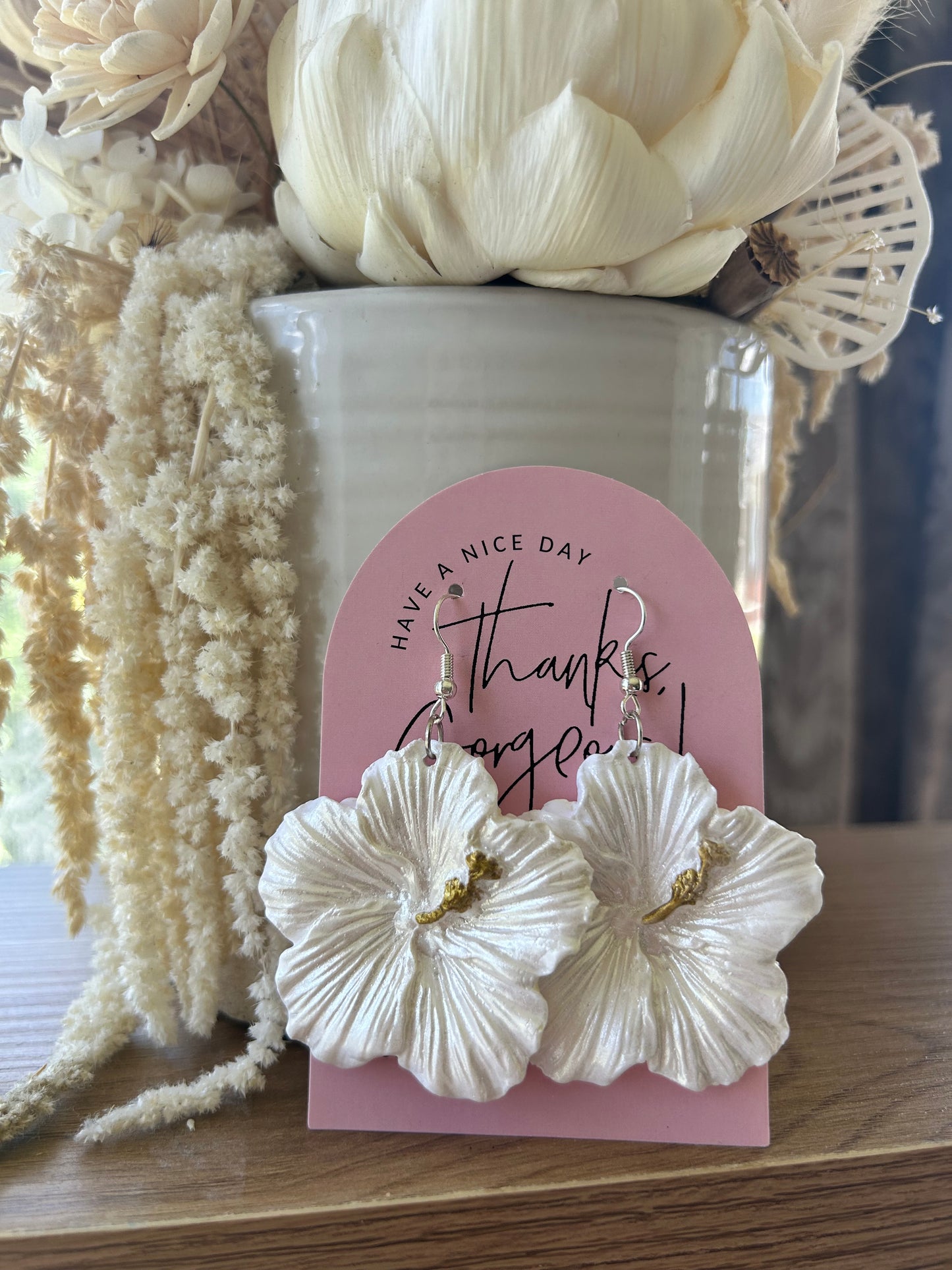 Clay hibiscus earrings (silver glitter tones)