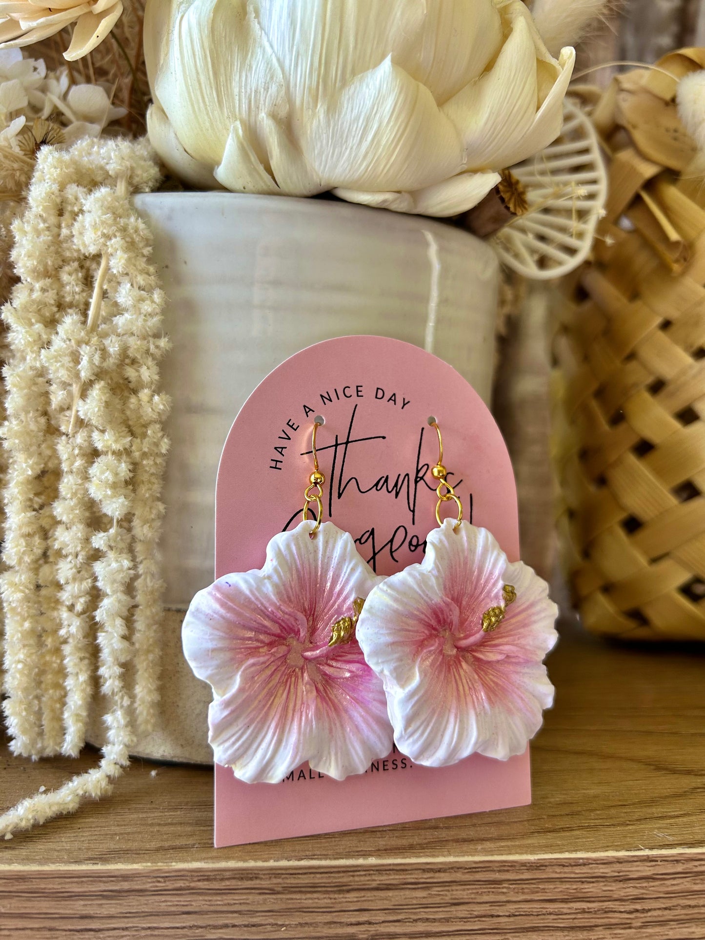 Rose pink hibiscus earrings