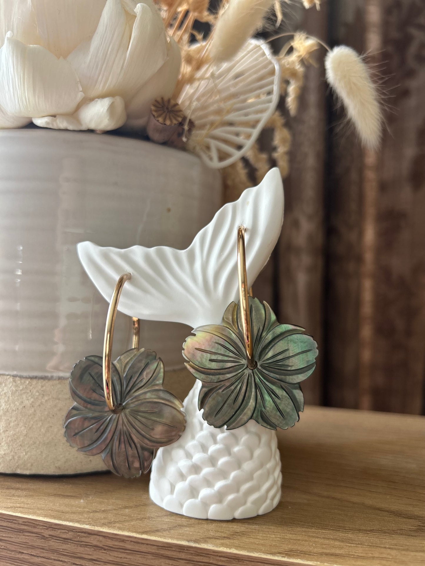 Black pearl floral hoops