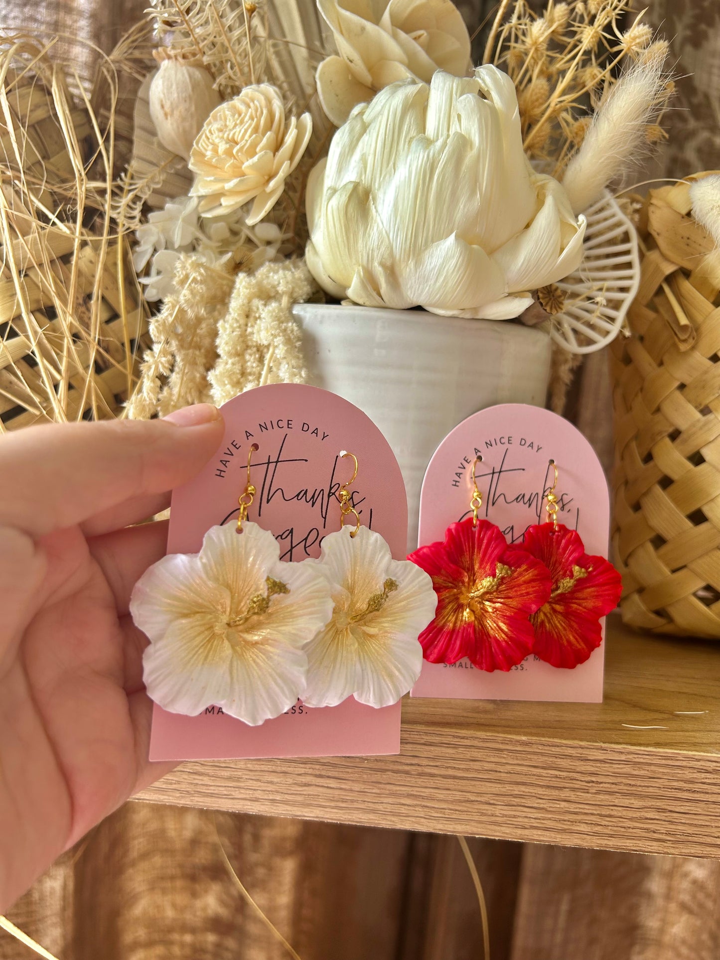 White and Gold Hibiscus earrings